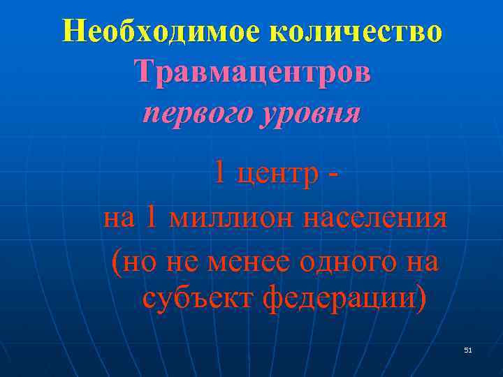 Необходимое количество Травмацентров первого уровня 1 центр на 1 миллион населения (но не менее