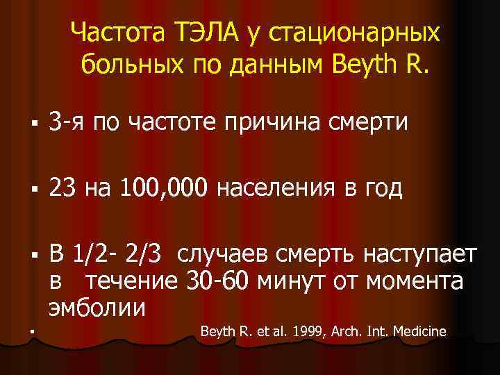 Частота ТЭЛА у стационарных больных по данным Beyth R. § 3 -я по частоте