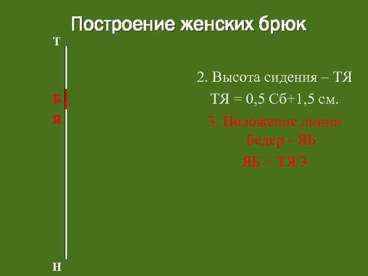 Т Б Я Н Построение женских брюк 2. Высота сидения – ТЯ ТЯ =