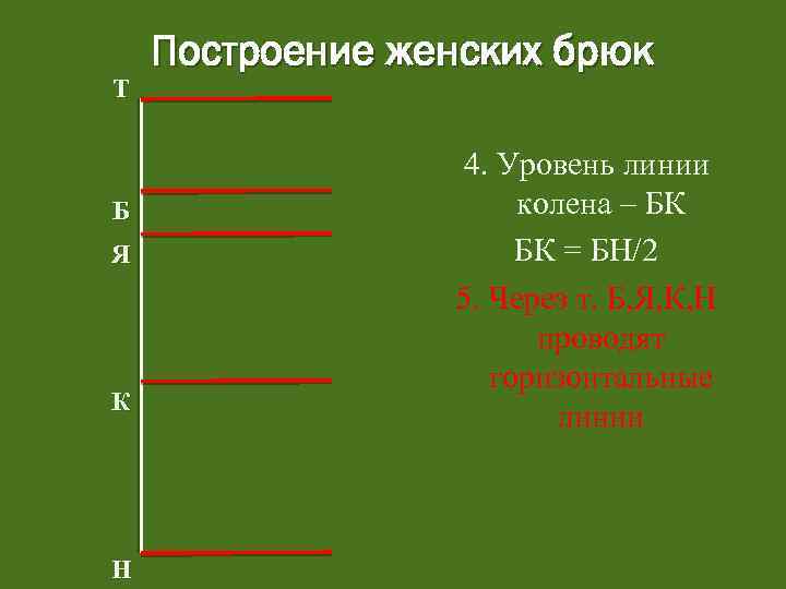 Т Б Я К Н Построение женских брюк 4. Уровень линии колена – БК