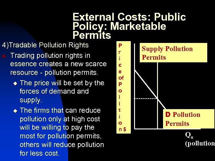 External Costs: Public Policy: Marketable Permits 4)Tradable Pollution Rights n Trading pollution rights in