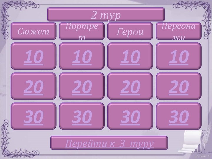 2 тур Сюжет Портре т Герои Персона жи 10 10 20 20 30 30