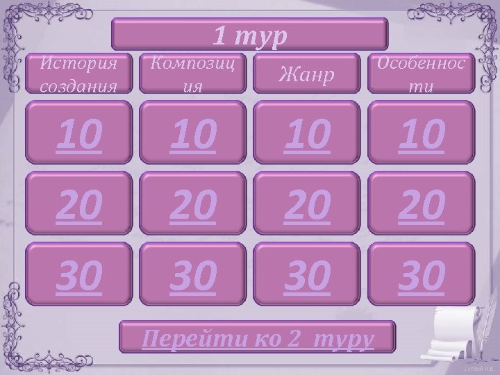 1 тур История создания Композиц ия Жанр Особеннос ти 10 10 20 20 30