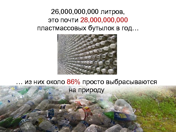 26, 000, 000 литров, это почти 28, 000, 000 пластмассовых бутылок в год… …