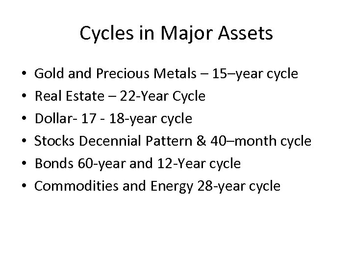 Cycles in Major Assets • • • Gold and Precious Metals – 15–year cycle