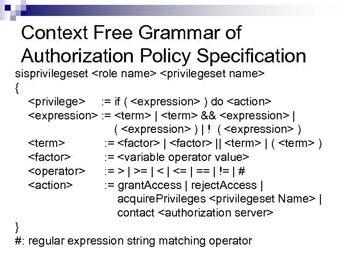 Context Free Grammar of Authorization Policy Specification sisprivilegeset <role name> <privilegeset name> { <privilege>