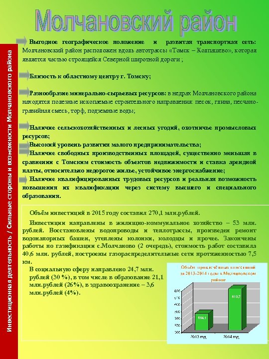Инвестиционная деятельность / Сильные стороны и возможности Молчановского района Выгодное географическое положение и развитая