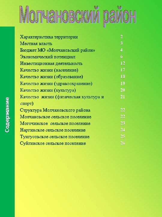 Содержание Характеристика территории Местная власть Бюджет МО «Молчановский район» Экономический потенциал Инвестиционная деятельность Качество