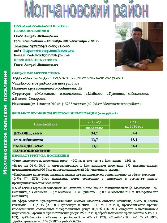 Поселение основано 01. 2006 г. ГЛАВА ПОСЕЛЕНИЯ Гензе Андрей Леонидович срок полномочий – сентябрь