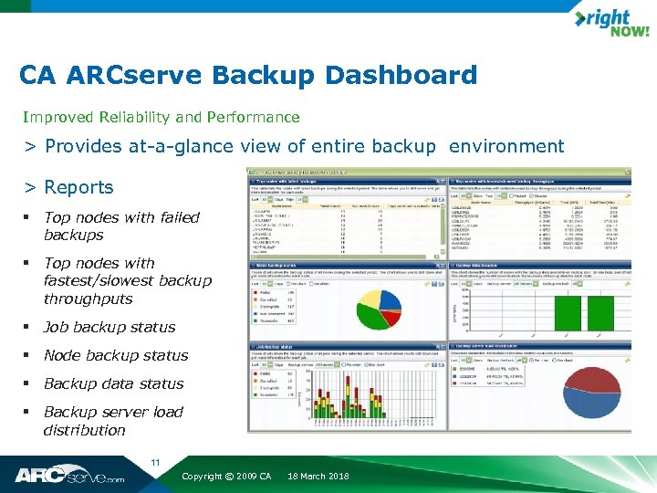 CA ARCserve Backup Dashboard Improved Reliability and Performance > Provides at-a-glance view of entire