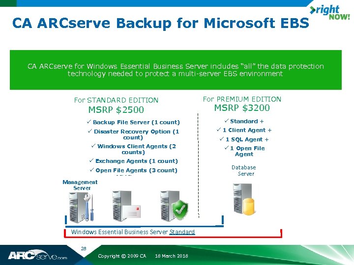 CA ARCserve Backup for Microsoft EBS CA ARCserve for Windows Essential Business Server includes