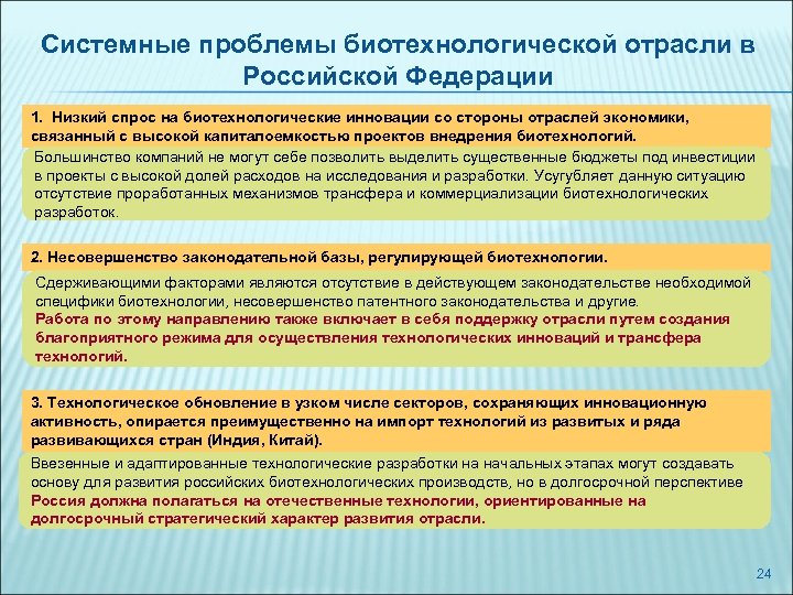 Системные проблемы биотехнологической отрасли в Российской Федерации 1. Низкий спрос на биотехнологические инновации со