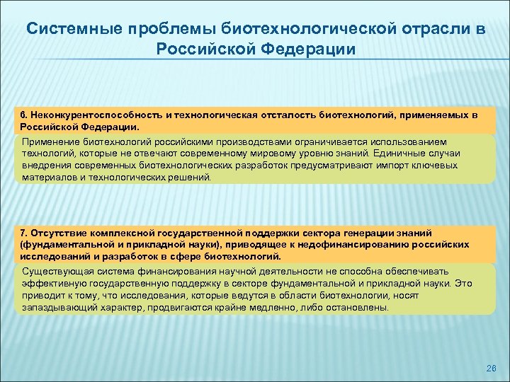 Системные проблемы биотехнологической отрасли в Российской Федерации 6. Неконкурентоспособность и технологическая отсталость биотехнологий, применяемых