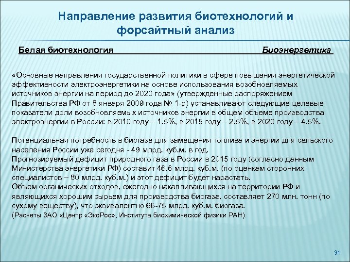 Направление развития биотехнологий и форсайтный анализ Белая биотехнология Биоэнергетика «Основные направления государственной политики в
