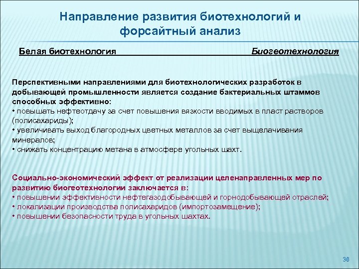 Направление развития биотехнологий и форсайтный анализ Белая биотехнология Биогеотехнология Перспективными направлениями для биотехнологических разработок