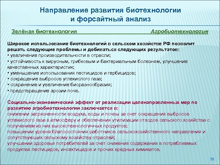 Направление развития биотехнологии и форсайтный анализ Зелёная биотехнология Агробиотехнология Широкое использование биотехнологий в сельском