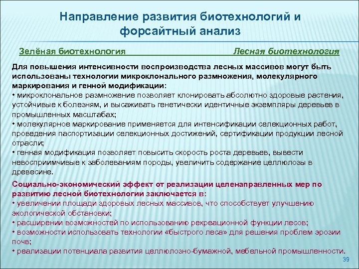 Направление развития биотехнологий и форсайтный анализ Зелёная биотехнология Лесная биотехнология Для повышения интенсивности воспроизводства