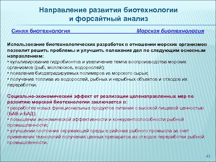 Направление развития биотехнологии и форсайтный анализ Синяя биотехнология Морская биотехнология Использование биотехнологических разработок в