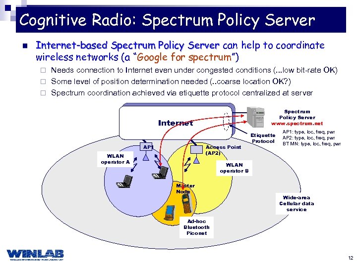 Cognitive Radio: Spectrum Policy Server n Internet-based Spectrum Policy Server can help to coordinate