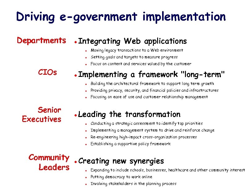 Driving e-government implementation Departments l Integrating Web applications l l l Setting goals and