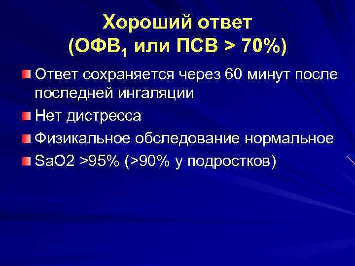 Хороший ответ (ОФВ 1 или ПСВ > 70%) Ответ сохраняется через 60 минут последней