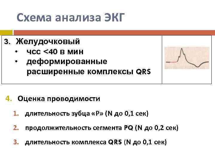 Схема анализа ЭКГ 3. Желудочковый • чсс <40 в мин • деформированные расширенные комплексы