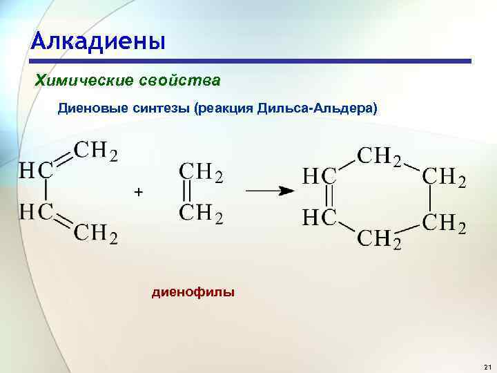 Алкадиены Химические свойства Диеновые синтезы (реакция Дильса-Альдера) диенофилы 21 