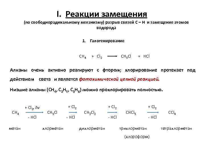 I. Реакции замещения (по свободнорадикальному механизму) разрыв связей C – H и замещение атомов