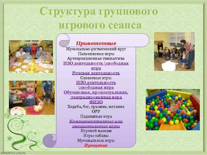 Структура группового игрового сеанса Приветствие Музыкально-ритмический круг Пальчиковые игры Артикуляционная гимнастика ИЗО деятельность свободная