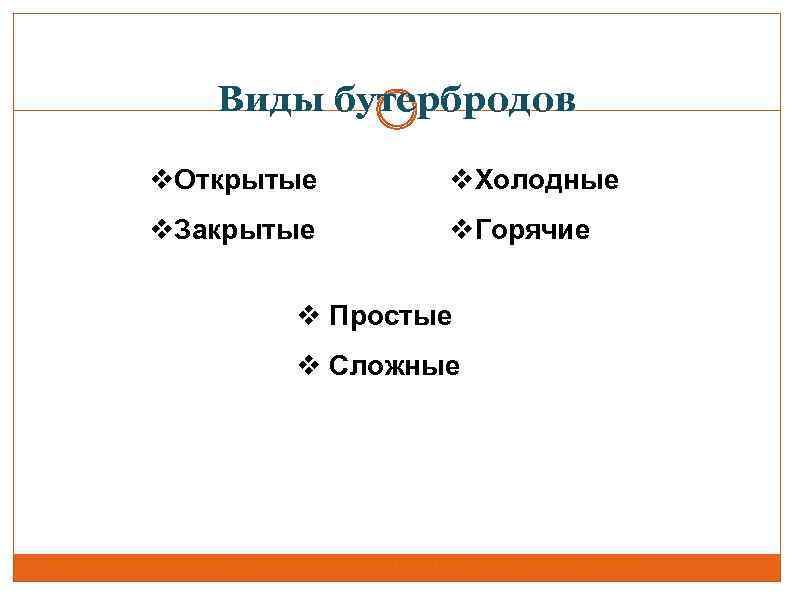 Виды бутербродов v. Открытые v. Холодные v. Закрытые v. Горячие v Простые v Сложные