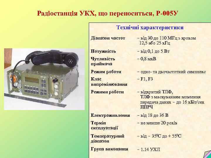 Радіостанція УКХ, що переноситься, P-005 У Технічні характеристики Діапазон частот – від 30 до