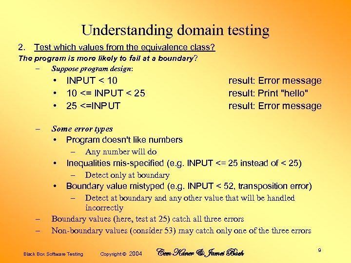 Understanding domain testing 2. Test which values from the equivalence class? The program is