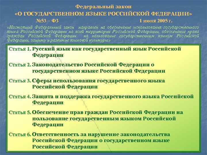 Федеральный закон «О ГОСУДАРСТВЕННОМ ЯЗЫКЕ РОССИЙСКОЙ ФЕДЕРАЦИИ» № 53 – ФЗ 1 июня 2005