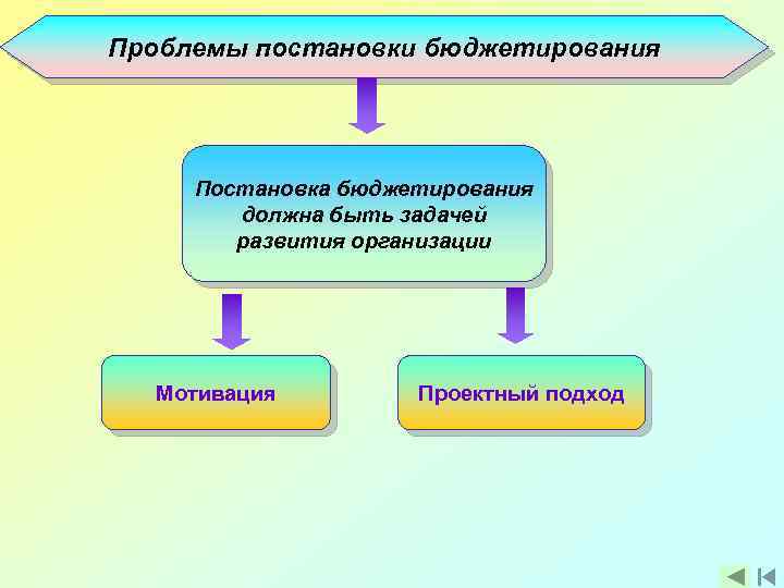 Проблемы постановки бюджетирования Постановка бюджетирования должна быть задачей развития организации Мотивация Проектный подход 