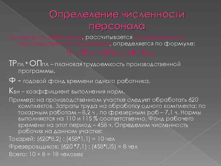 Определение численности персонала Численность работников, рассчитывается по трудоемкости производственной программы, определяется по формуле: Ч