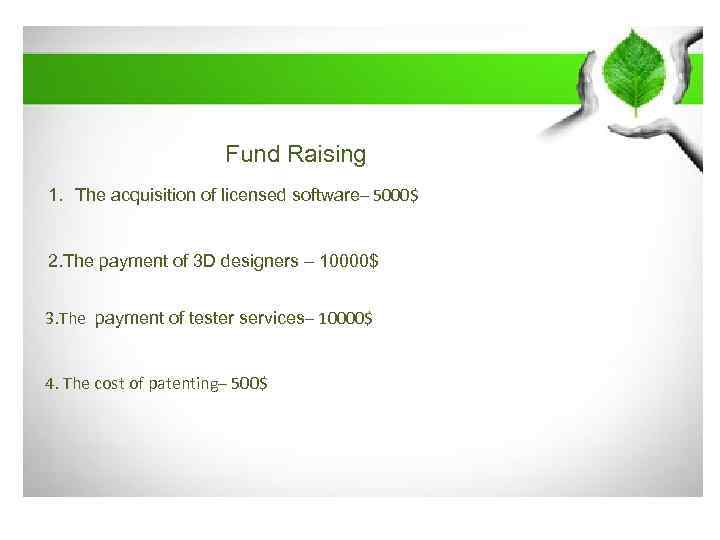 Fund Raising 1. The acquisition of licensed software– 5000$ 2. The payment of 3