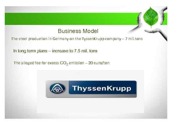 Business Model The steel production in Germany on the Tyssen. Krupp company – 7