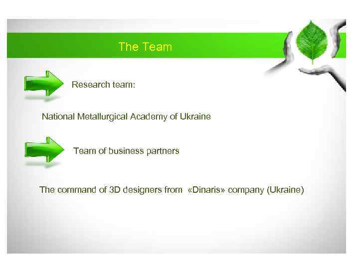 The Team Research team: National Metallurgical Academy of Ukraine Team of business partners The