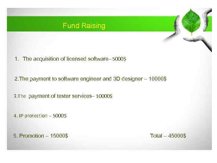 Fund Raising 1. The acquisition of licensed software– 5000$ 2. The payment to software