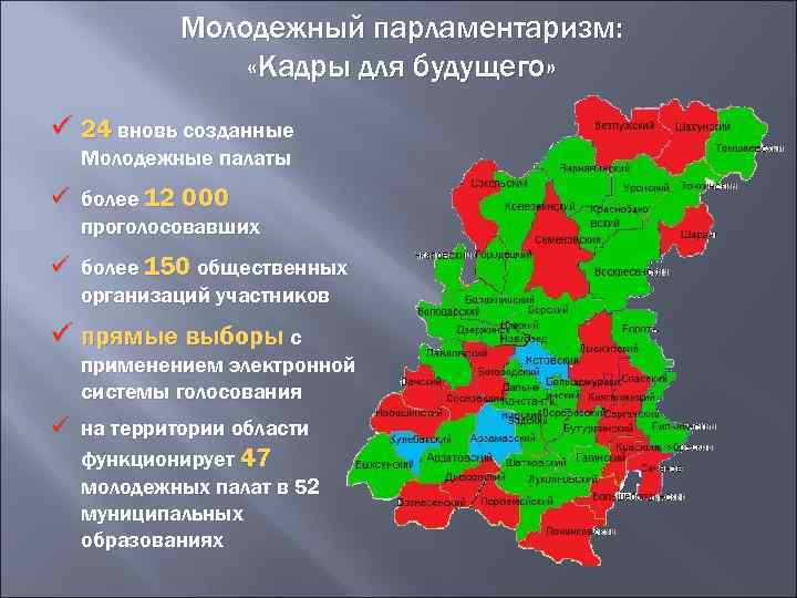 Молодежный парламентаризм: «Кадры для будущего» ü 24 вновь созданные Молодежные палаты ü более 12