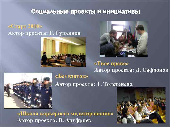 Социальные проекты и инициативы «Старт 2010» Автор проекта: Г. Гурьянов «Твое право» Автор проекта: