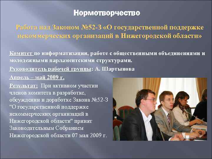 Нормотворчество Работа над Законом № 52 -З «О государственной поддержке некоммерческих организаций в Нижегородской