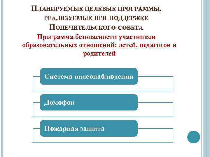 ПЛАНИРУЕМЫЕ ЦЕЛЕВЫЕ ПРОГРАММЫ, РЕАЛИЗУЕМЫЕ ПРИ ПОДДЕРЖКЕ ПОПЕЧИТЕЛЬСКОГО СОВЕТА Программа безопасности участников образовательных отношений: детей,