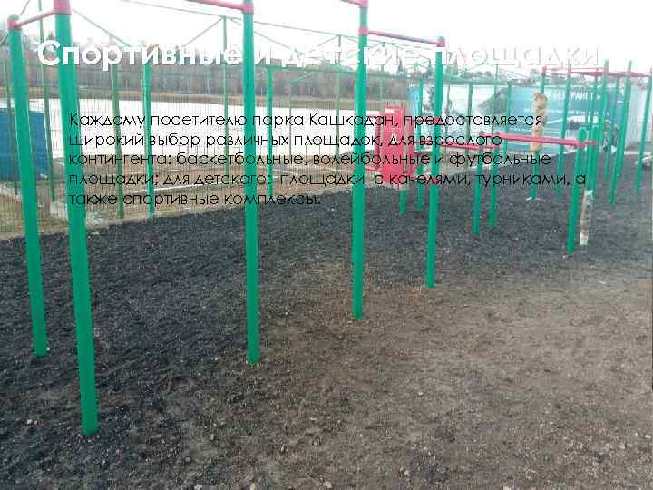 Спортивные и детские площадки Каждому посетителю парка Кашкадан, предоставляется широкий выбор различных площадок, для