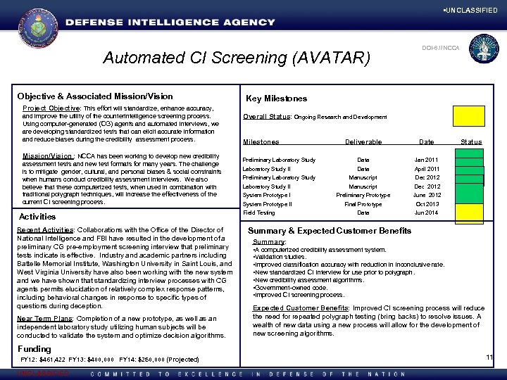  • UNCLASSIFIED Automated CI Screening (AVATAR) Objective & Associated Mission/Vision DOI-6 NCCA D