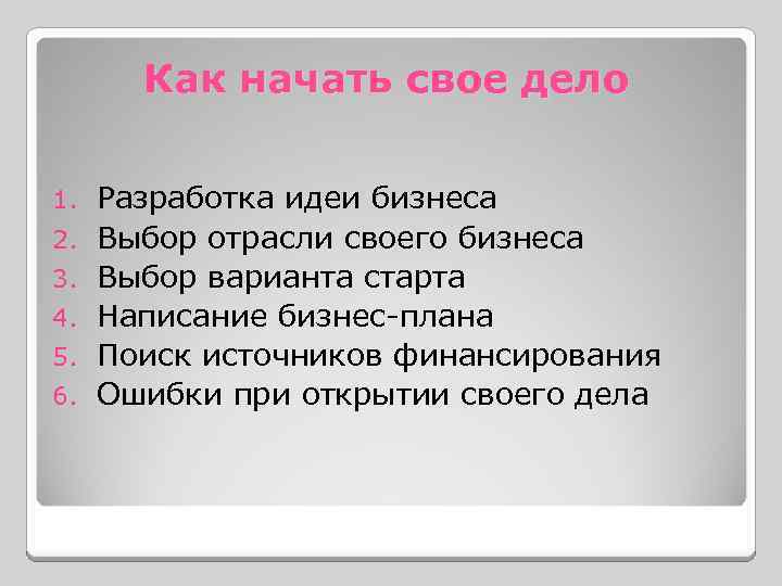 Как начать свое дело 1. 2. 3. 4. 5. 6. Разработка идеи бизнеса Выбор