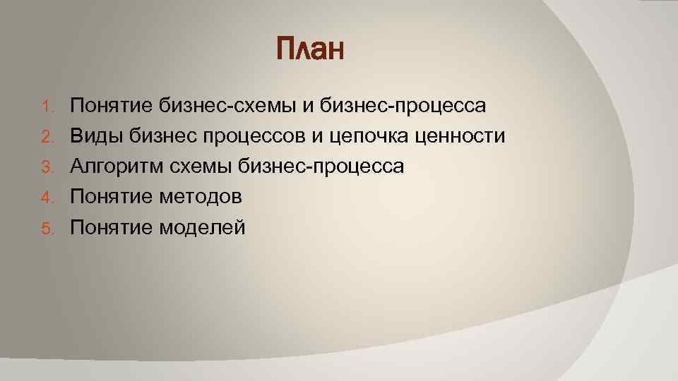 План 1. 2. 3. 4. 5. Понятие бизнес-схемы и бизнес-процесса Виды бизнес процессов и