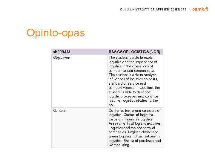 Opinto-opas 5 K 00 BJ 22 BASICS OF LOGISTICS (3 CR) Objectives The student