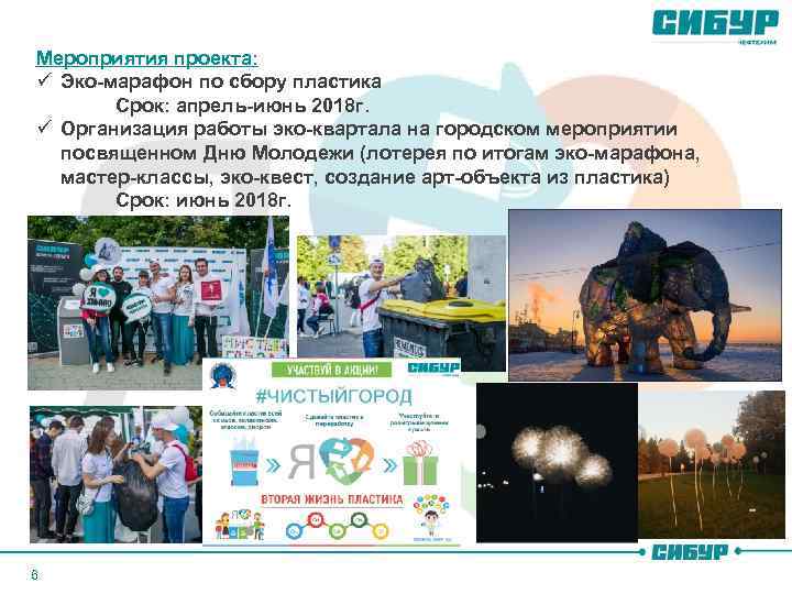 Мероприятия проекта: ü Эко-марафон по сбору пластика Срок: апрель-июнь 2018 г. ü Организация работы