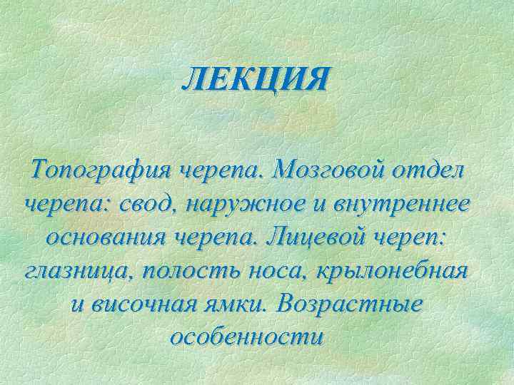 ЛЕКЦИЯ Топография черепа. Мозговой отдел черепа: свод, наружное и внутреннее основания черепа. Лицевой череп: